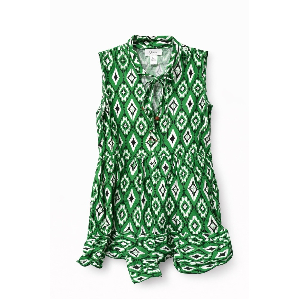 Japna Green Geometric Sleeveless Mini Dress Womens M Boho. Beaded Tie A-Line